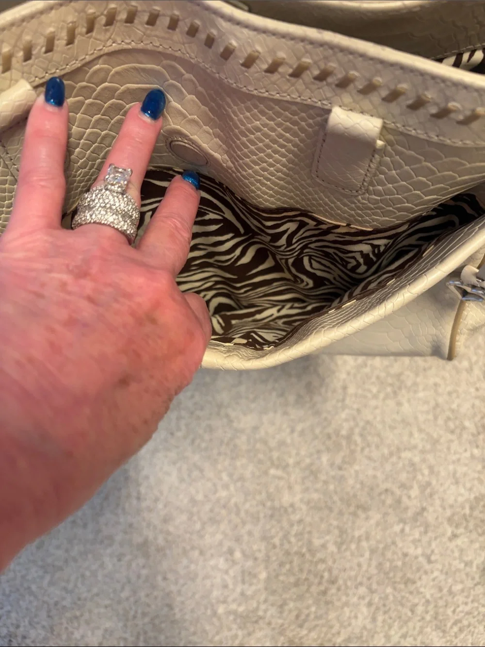 Cream Textured Hobo Bag with Zip Pocket